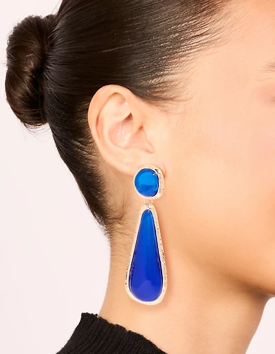 Gold Dark Blue Resin Drop Stud Earrings