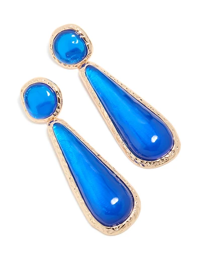 Gold Dark Blue Resin Drop Stud Earrings