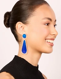 Gold Dark Blue Resin Drop Stud Earrings