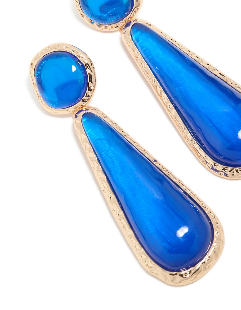 Gold Dark Blue Resin Drop Stud Earrings