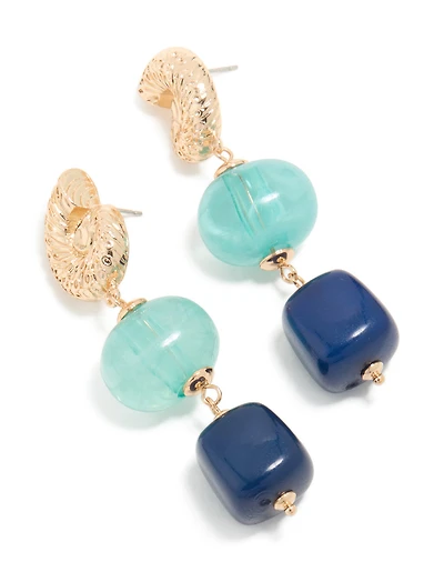 Gold Shell & Blue Beaded Drop Earrings