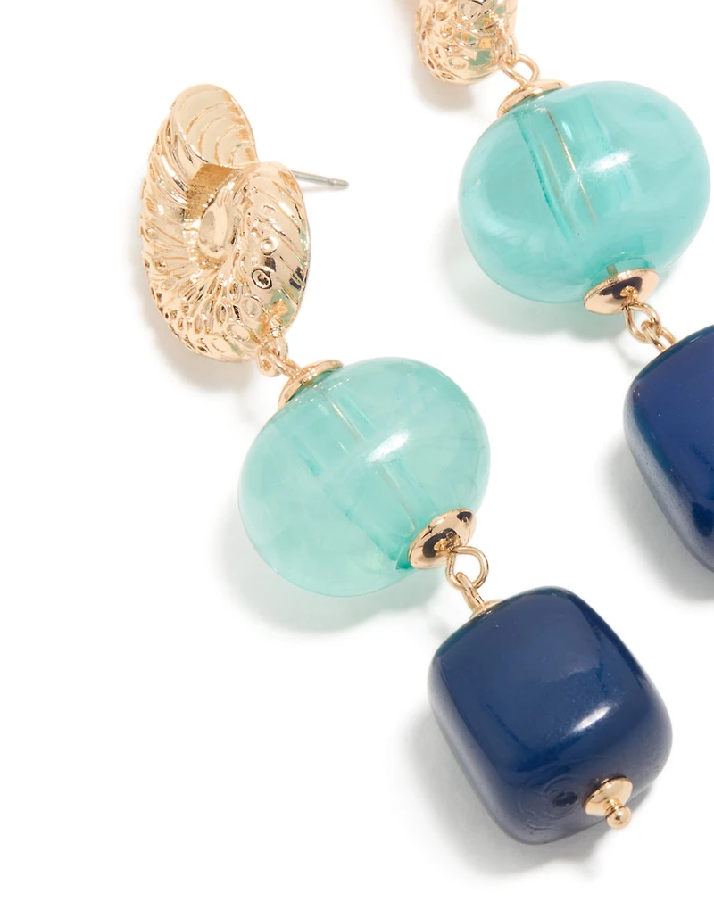 Gold Shell & Blue Beaded Drop Earrings
