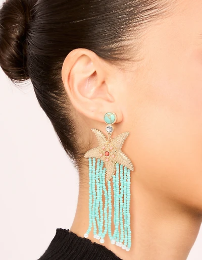 Gold Starfish & Turquoise Beaded Drop Earrings