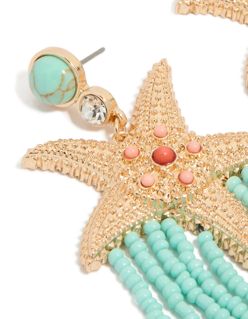 Gold Starfish & Turquoise Beaded Drop Earrings