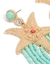 Gold Starfish & Turquoise Beaded Drop Earrings
