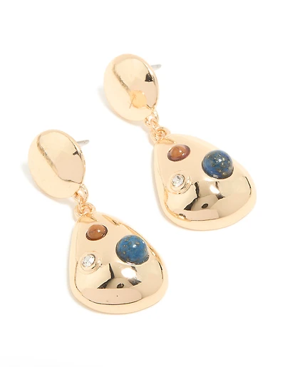 Gold Brown & Blue Stone Spotted Drop Earrings