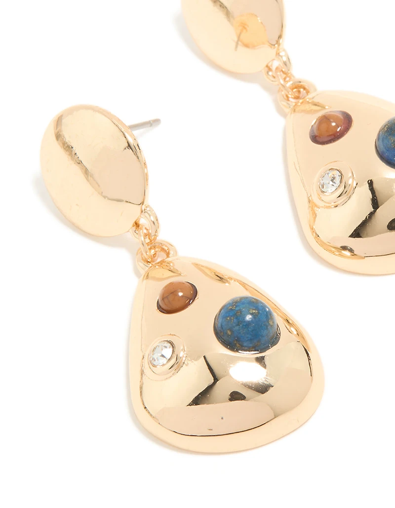 Gold Brown & Blue Stone Spotted Drop Earrings