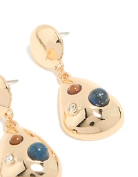 Gold Brown & Blue Stone Spotted Drop Earrings