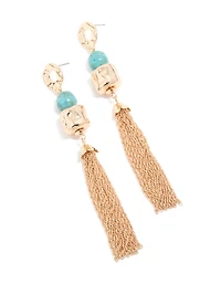 Gold Aqua Beaded Hammered Chain Drop Earrings