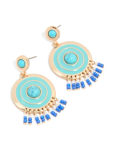 Gold Blue Enamel & Blue Beaded Round Drop Earrings