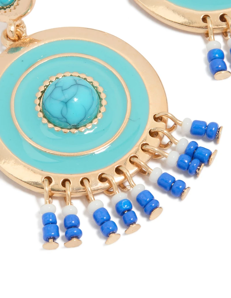 Gold Blue Enamel & Blue Beaded Round Drop Earrings