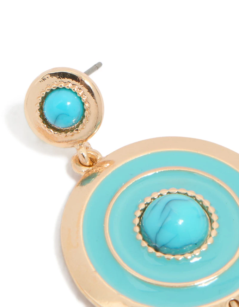 Gold Blue Enamel & Blue Beaded Round Drop Earrings