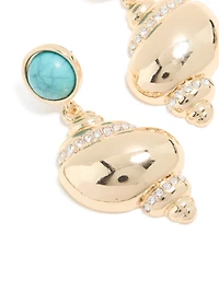 Gold Shell & Turquoise Stone Stud Drop Earrings