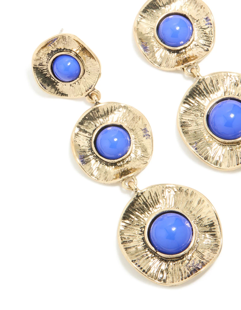 Antique Gold Textured Triple Blue Stone Layered Drop Earrings