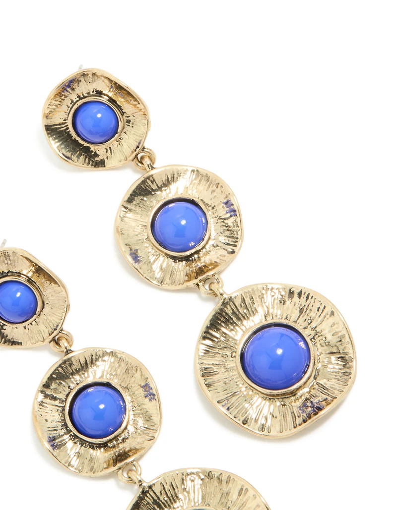 Antique Gold Textured Triple Blue Stone Layered Drop Earrings