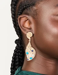 Gold Shell & Blue White Dotted Drop Earrings