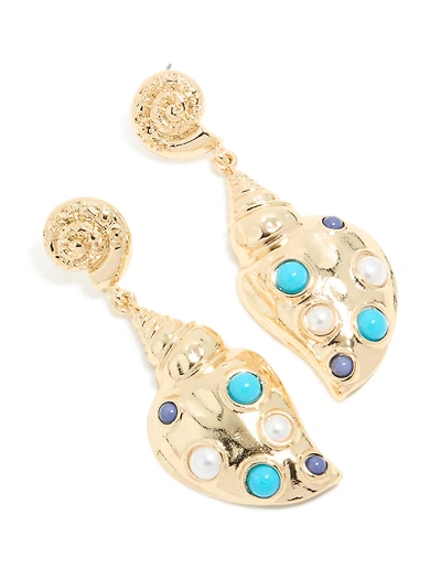 Gold Shell & Blue White Dotted Drop Earrings