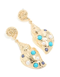 Gold Shell & Blue White Dotted Drop Earrings