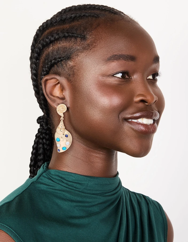 Gold Shell & Blue White Dotted Drop Earrings