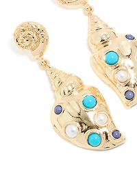 Gold Shell & Blue White Dotted Drop Earrings