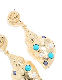 Boucles d’oreilles en coquille dorée et bleu-blanc à points