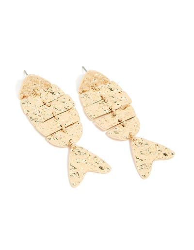 Gold Hammered Fish Drop Earrings