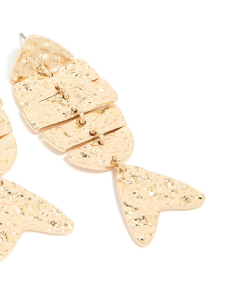 Gold Hammered Fish Drop Earrings