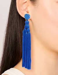 Boucles d’oreilles longues à frange en tissu bleu foncé