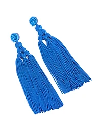 Dark Blue Fabric Fringe Long Drop Earrings