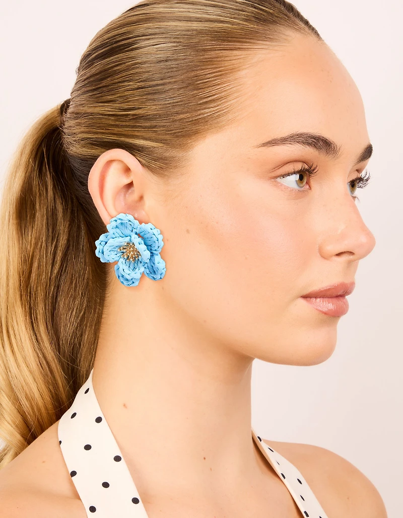 Gold Light Blue Flower Medallion Earrings