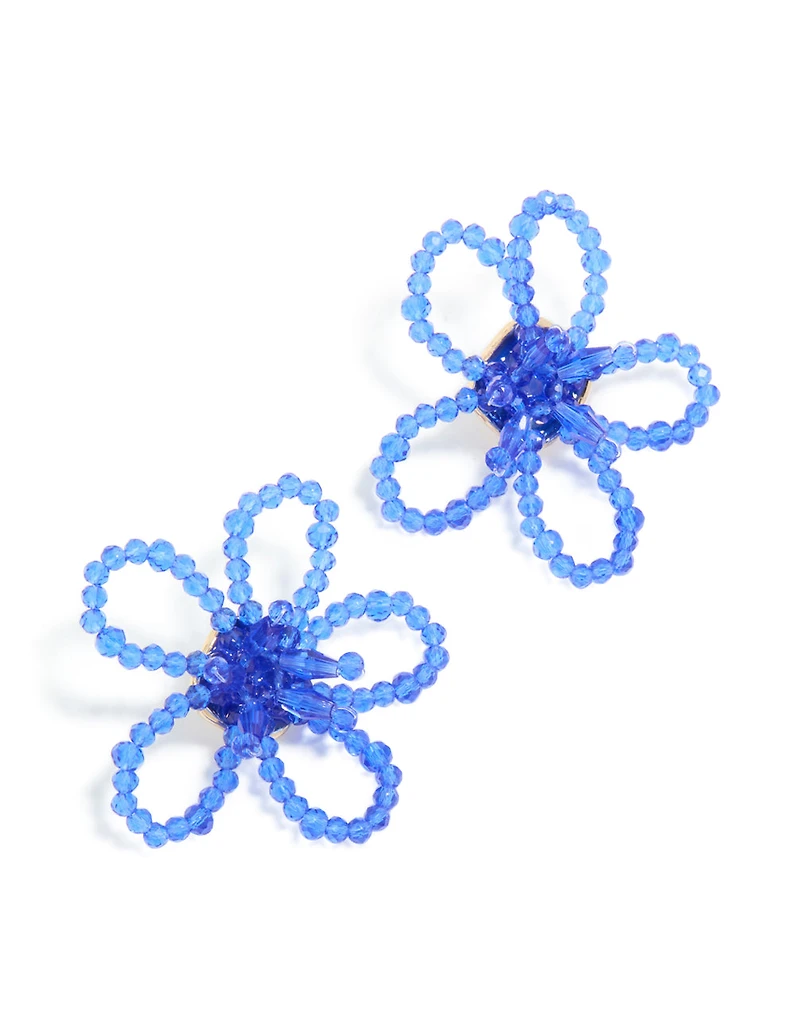 Dark Blue Beaded Flower Outline Stud Earrings