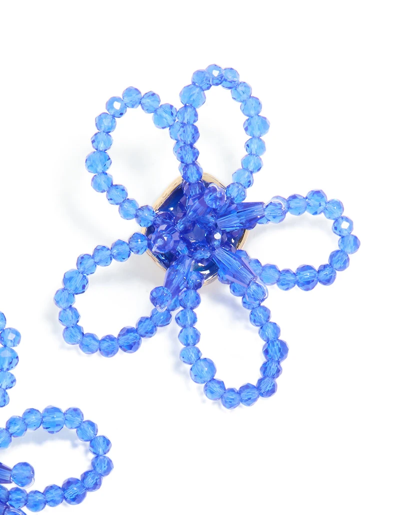 Dark Blue Beaded Flower Outline Stud Earrings