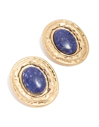 Worn Gold Round Hammered Dark Blue Acrylic Stud Earrings