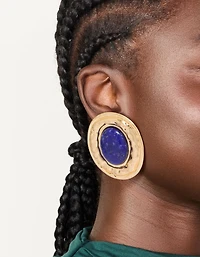 Worn Gold Round Hammered Dark Blue Acrylic Stud Earrings