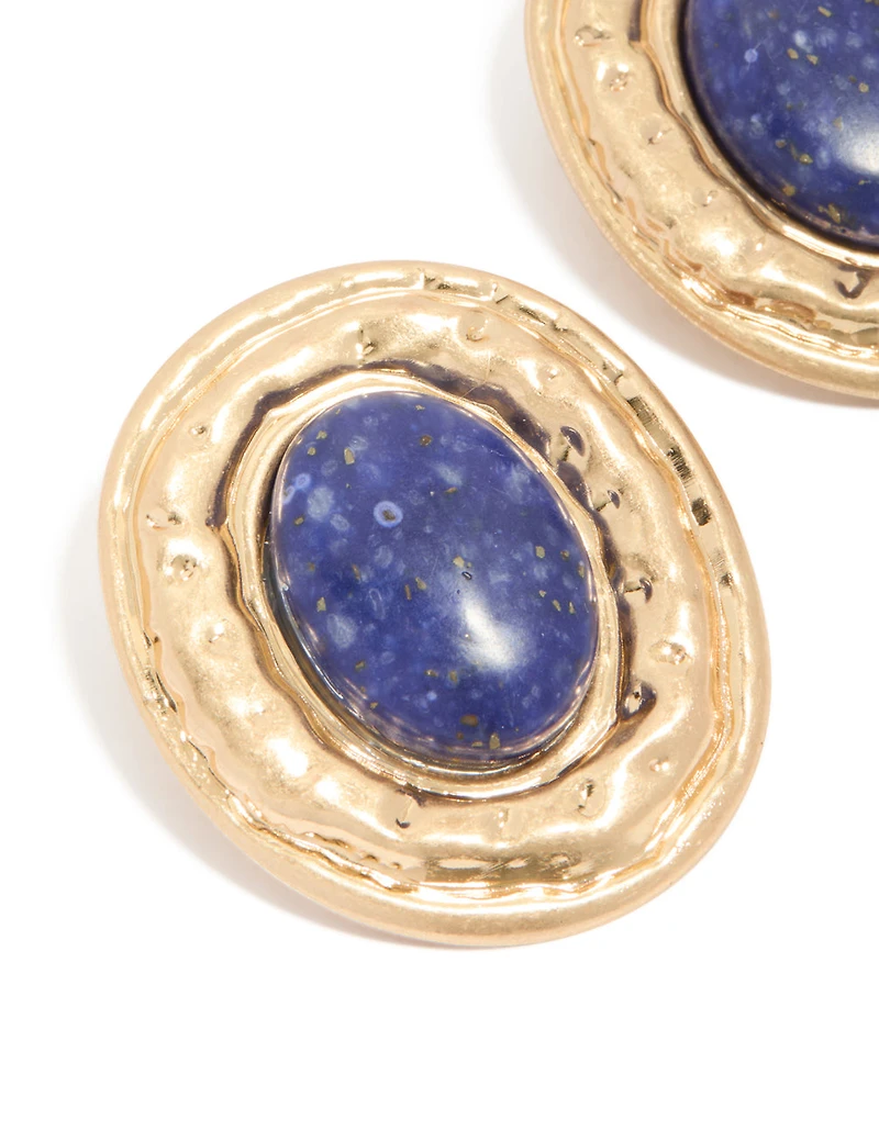 Worn Gold Round Hammered Dark Blue Acrylic Stud Earrings