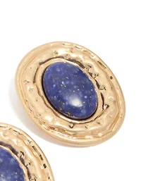 Worn Gold Round Hammered Dark Blue Acrylic Stud Earrings