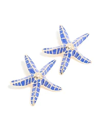 Gold Dark Blue Enamel Large Starfish Earrings