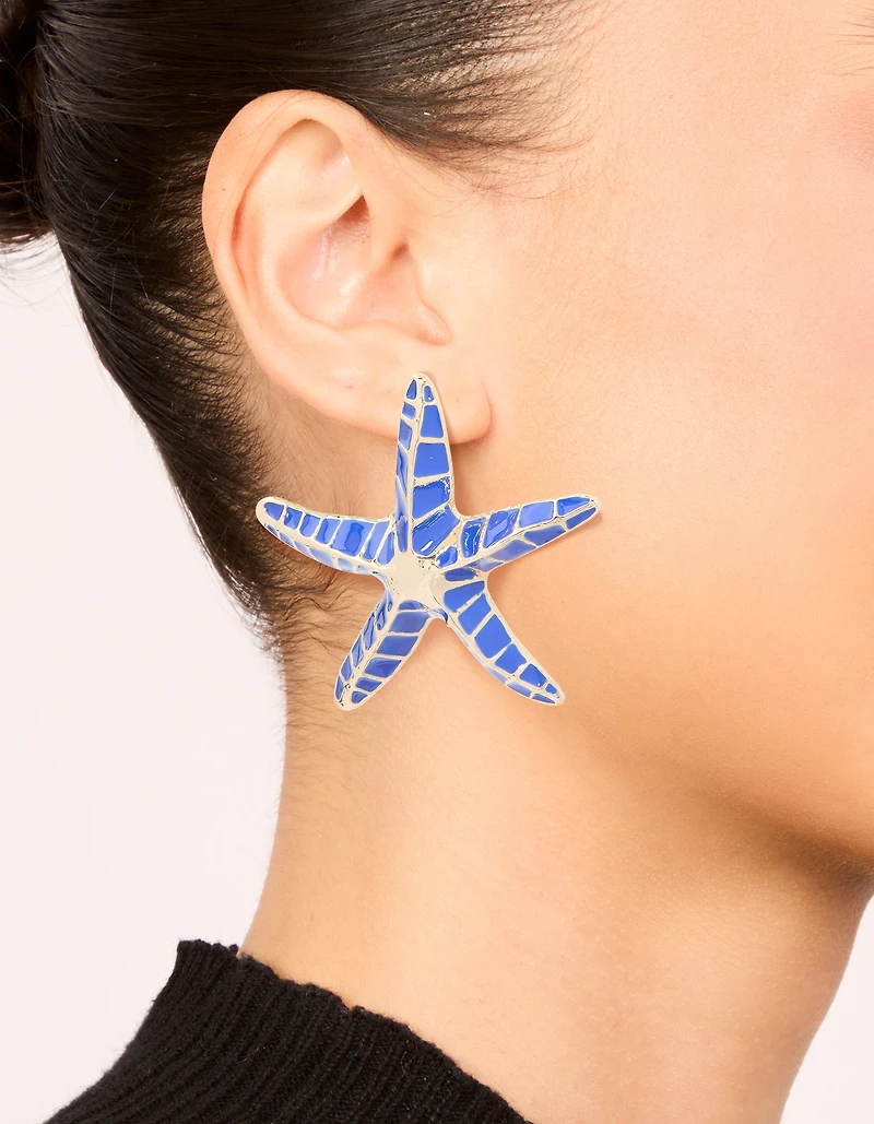 Gold Dark Blue Enamel Large Starfish Earrings