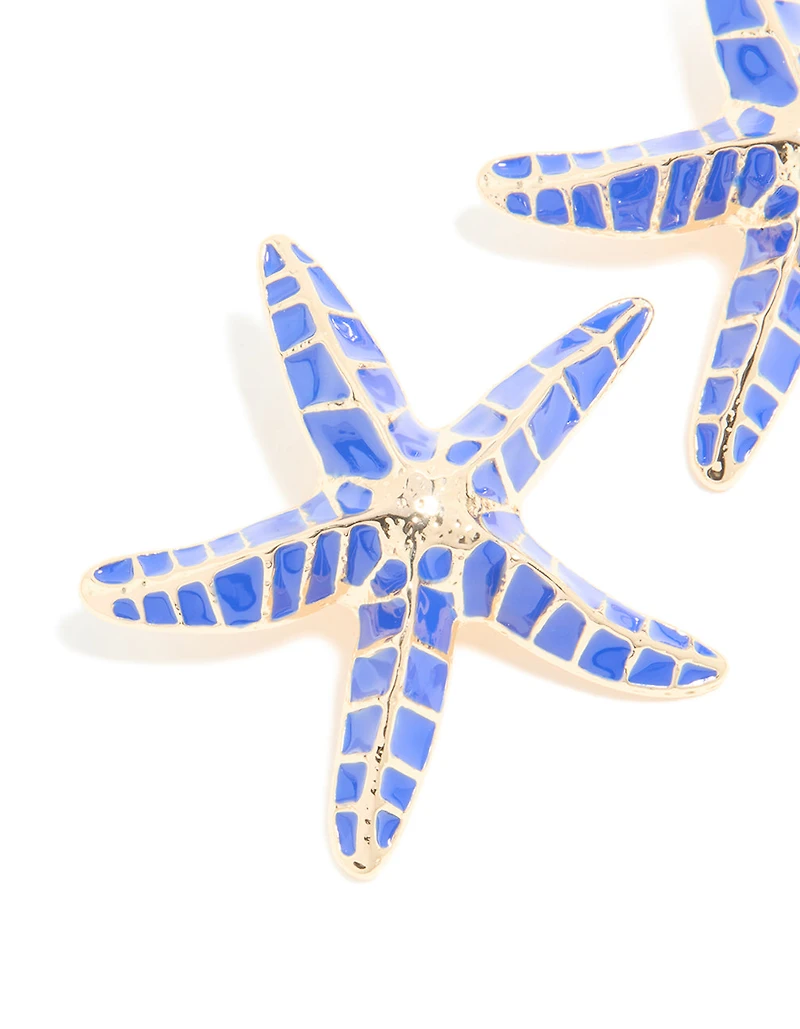 Gold Dark Blue Enamel Large Starfish Earrings