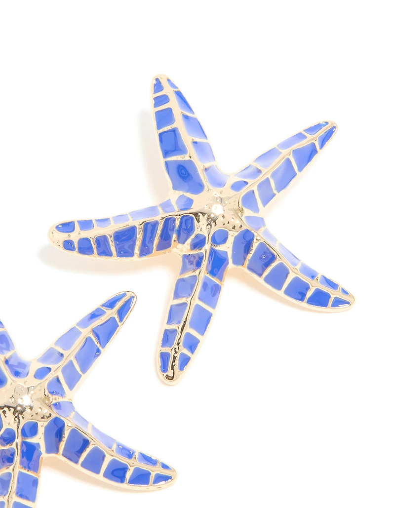 Gold Dark Blue Enamel Large Starfish Earrings