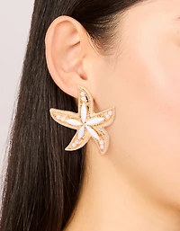 Gold White Acrylic Starfish Medallion Earrings