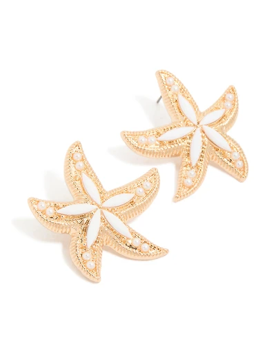 Gold White Acrylic Starfish Medallion Earrings