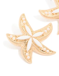 Gold White Acrylic Starfish Medallion Earrings