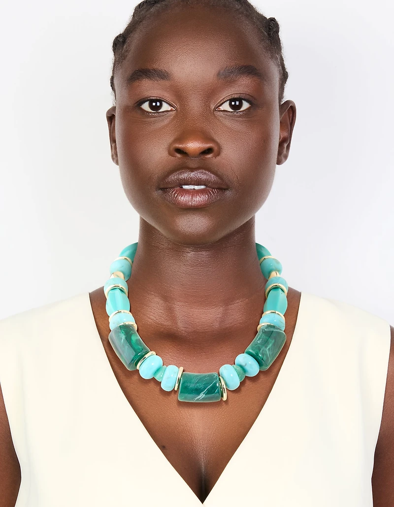 Aqua & Turquoise Acrylic Beaded Square & Round Chunky Necklace