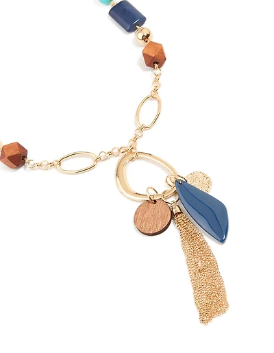 Gold Brown & Dark Blue Beaded Fringe Long Necklace