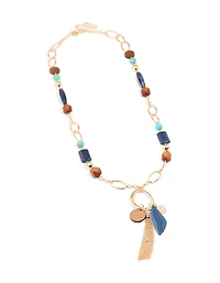 Gold Brown & Dark Blue Beaded Fringe Long Necklace