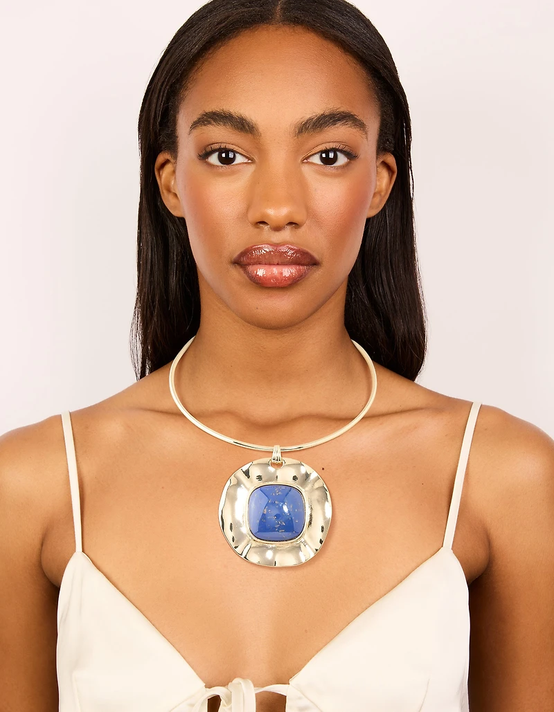 Gold Dark Blue Speckled Resin Large Pendant Choker Torque Necklace
