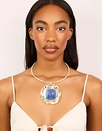 Gold Dark Blue Speckled Resin Large Pendant Choker Torque Necklace