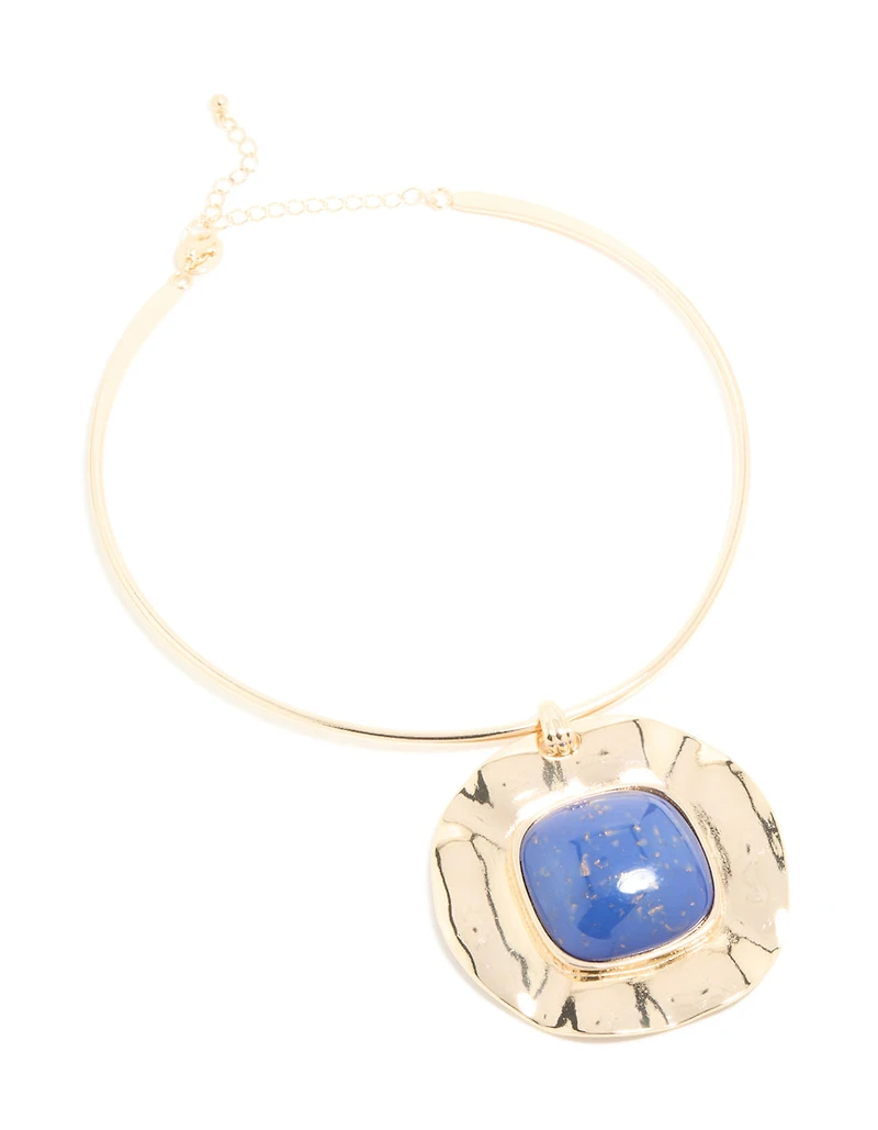 Gold Dark Blue Speckled Resin Large Pendant Choker Torque Necklace