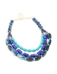 Gold Light & Dark Blue Acrylic Beaded Layered Chain Necklace